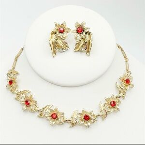 Vintage Gold-Tone Floral Necklace and Earring Set with Ruby Red Rhinestones